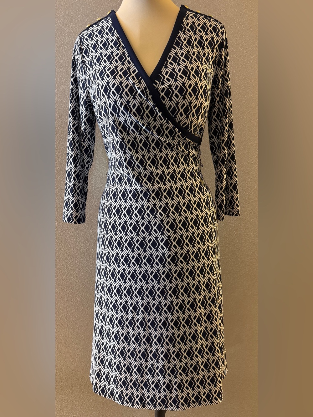 Lauren Ralph Lauren Navy & White Geometric Wrap Dress Gold Buttons Size Large